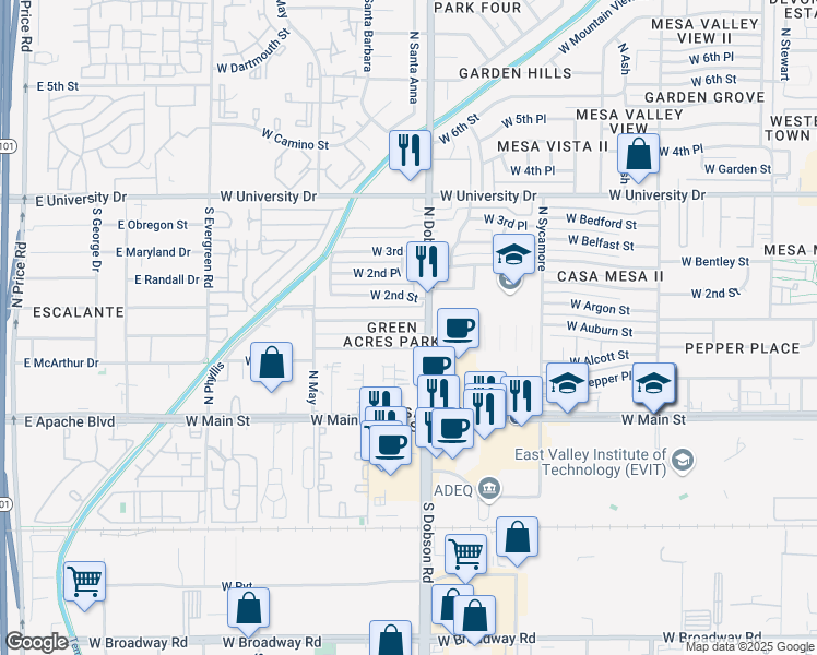 map of restaurants, bars, coffee shops, grocery stores, and more near in Mesa