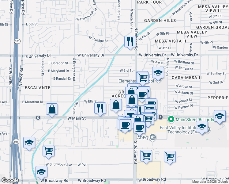 map of restaurants, bars, coffee shops, grocery stores, and more near 2131 West 2nd Street in Mesa