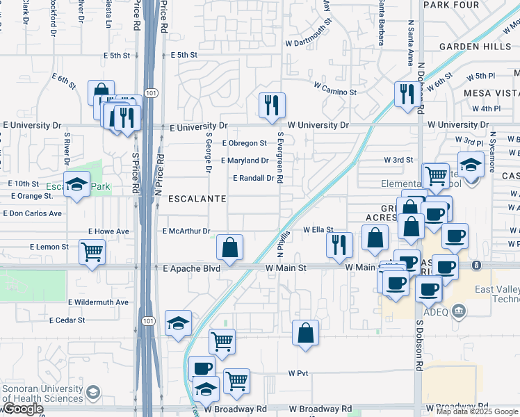 map of restaurants, bars, coffee shops, grocery stores, and more near 2444 East Victory Drive in Tempe