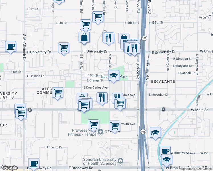 map of restaurants, bars, coffee shops, grocery stores, and more near 2080 East Orange Street in Tempe