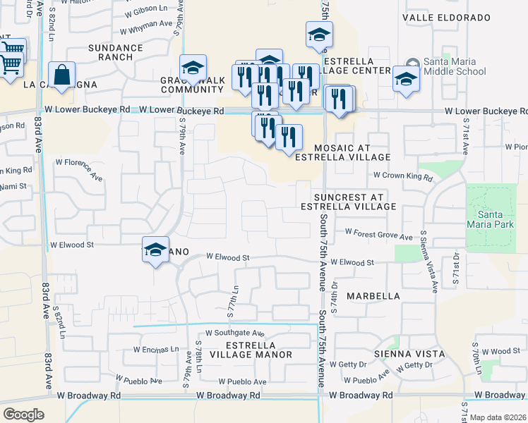 map of restaurants, bars, coffee shops, grocery stores, and more near 7642 West Globe Avenue in Phoenix