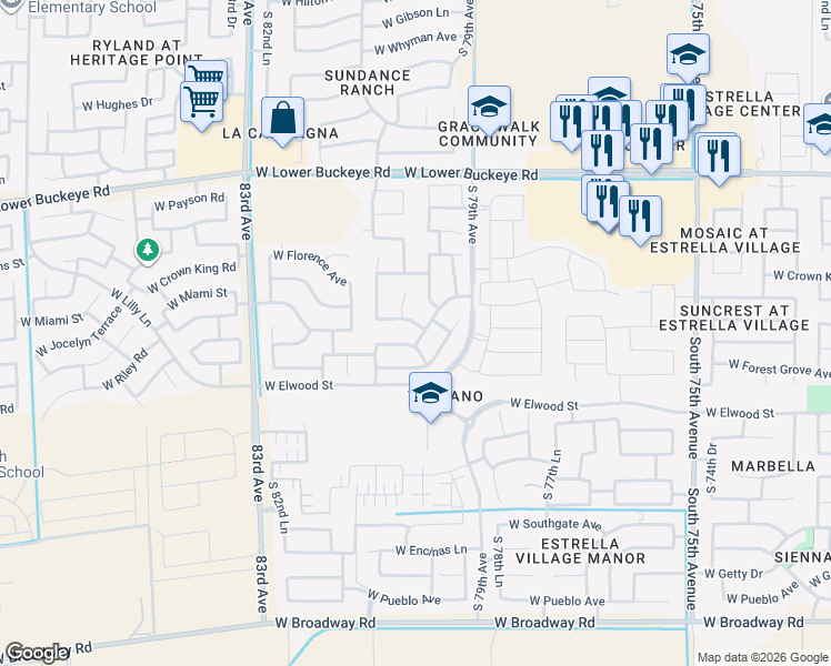 map of restaurants, bars, coffee shops, grocery stores, and more near 3316-3322 South 80th Avenue in Phoenix