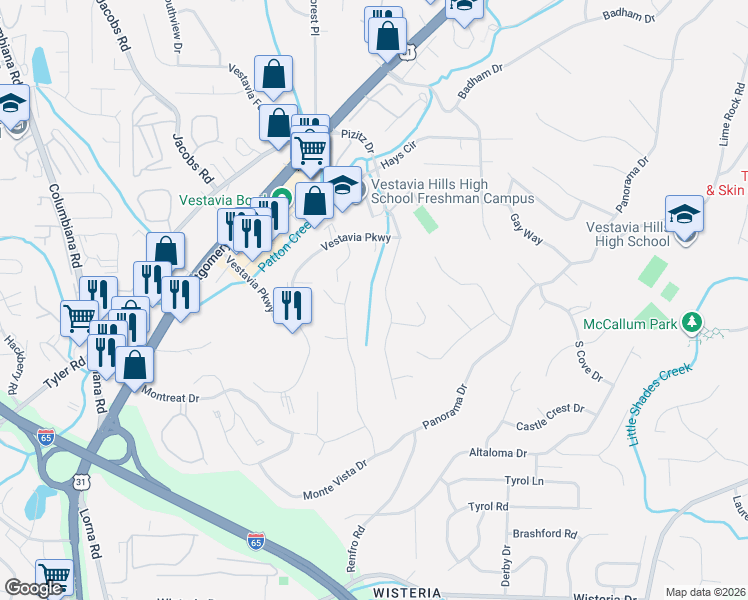 map of restaurants, bars, coffee shops, grocery stores, and more near 2913 Taralane Drive in Vestavia Hills
