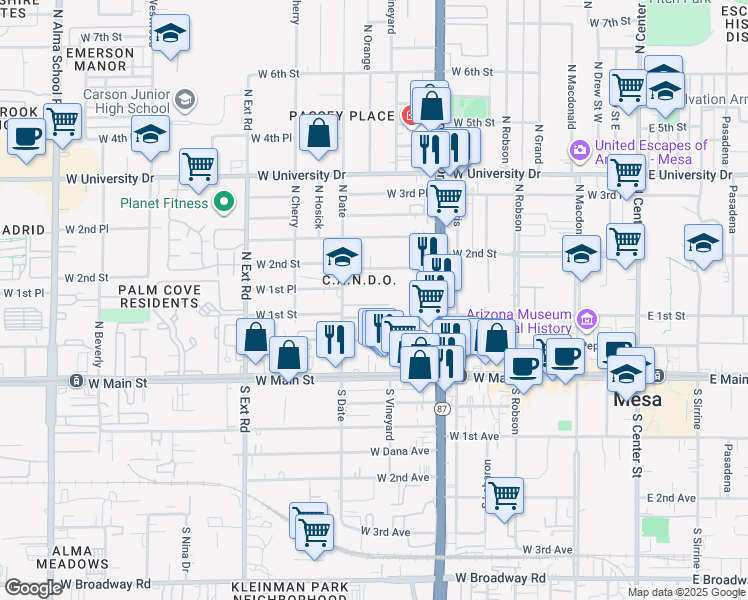 map of restaurants, bars, coffee shops, grocery stores, and more near 141 North Date in Mesa