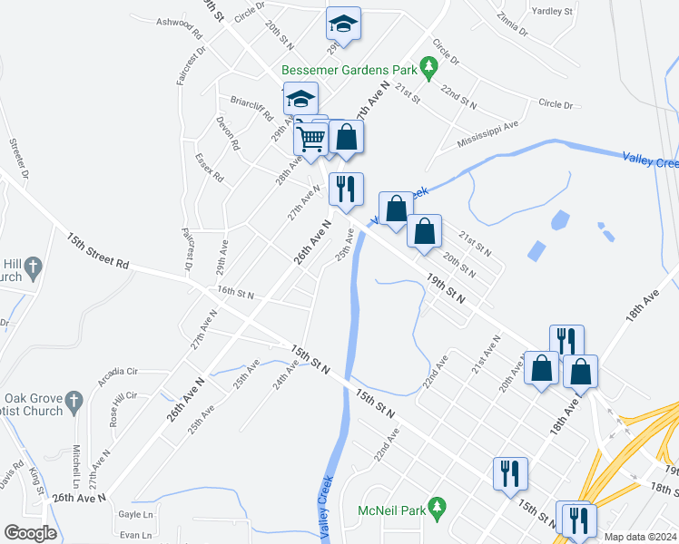map of restaurants, bars, coffee shops, grocery stores, and more near 1699 25th Avenue in Bessemer