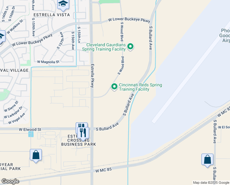 map of restaurants, bars, coffee shops, grocery stores, and more near 3125 South Wood Boulevard in Goodyear