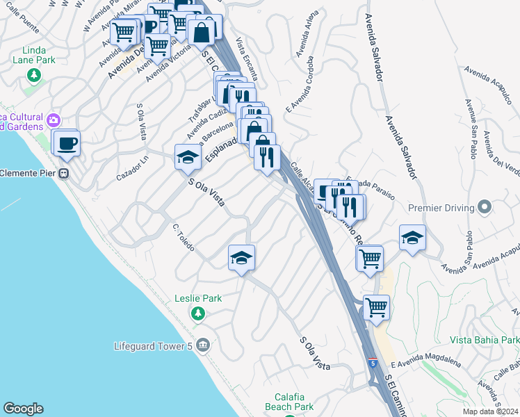 map of restaurants, bars, coffee shops, grocery stores, and more near 122 West Avenida Valencia in San Clemente