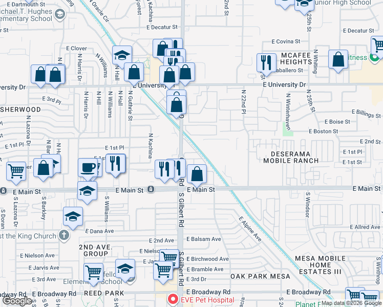 map of restaurants, bars, coffee shops, grocery stores, and more near 446 Consolidated in Mesa