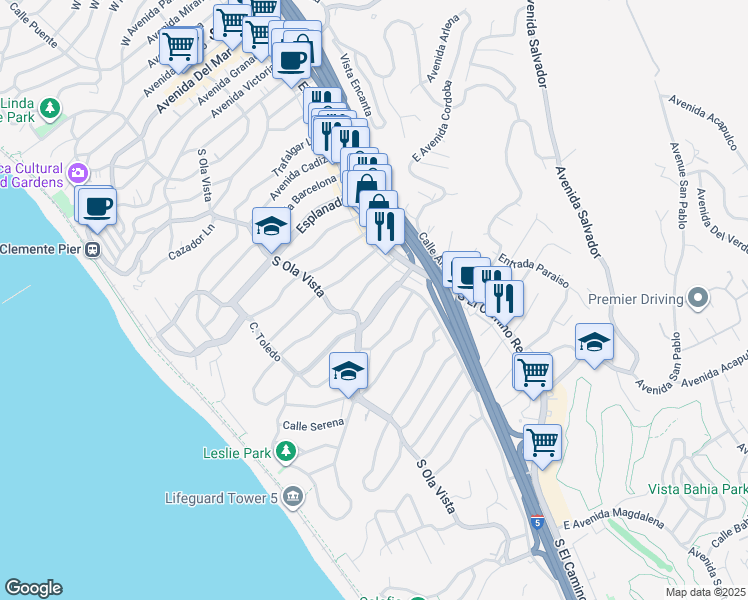 map of restaurants, bars, coffee shops, grocery stores, and more near 122 West Avenida Valencia in San Clemente