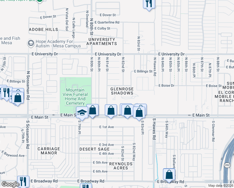 map of restaurants, bars, coffee shops, grocery stores, and more near 152 North 81st Place in Mesa