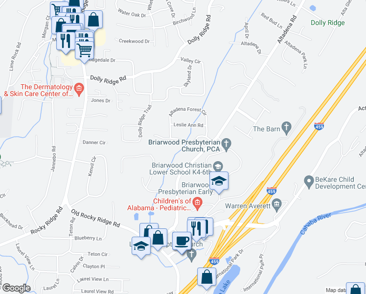 map of restaurants, bars, coffee shops, grocery stores, and more near 3632 Dabney Drive in Birmingham