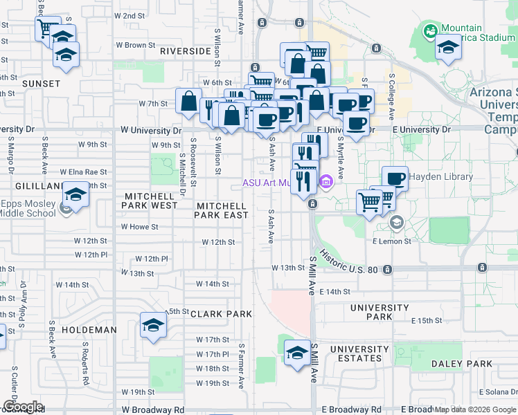 map of restaurants, bars, coffee shops, grocery stores, and more near 303 West 10th Street in Tempe