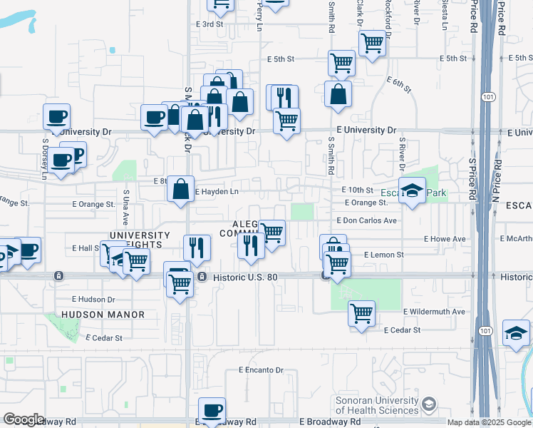 map of restaurants, bars, coffee shops, grocery stores, and more near 1915 East Hayden Lane in Tempe
