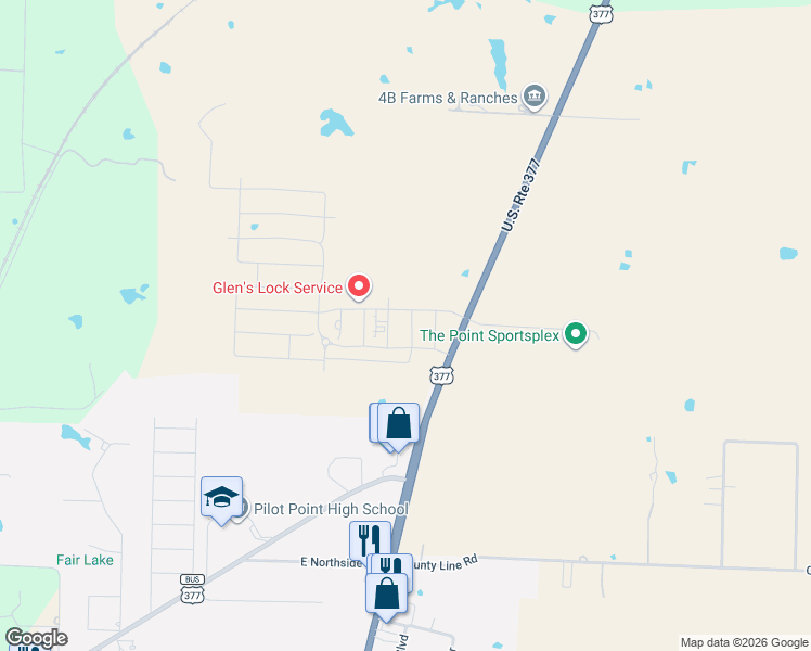 map of restaurants, bars, coffee shops, grocery stores, and more near U.S. 377 in Pilot Point
