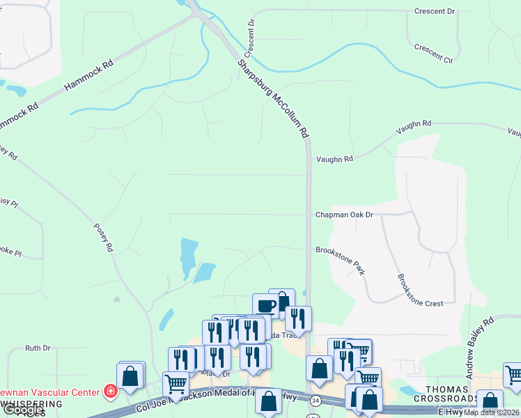 map of restaurants, bars, coffee shops, grocery stores, and more near 75 Homeport Drive in Newnan