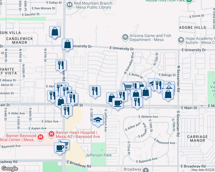 map of restaurants, bars, coffee shops, grocery stores, and more near E 3rd Ave in Mesa