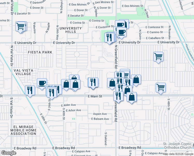 map of restaurants, bars, coffee shops, grocery stores, and more near D Street in Mesa