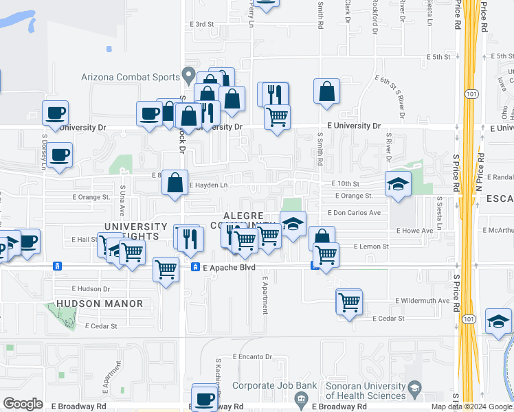 map of restaurants, bars, coffee shops, grocery stores, and more near 1915 East Hayden Lane in Tempe