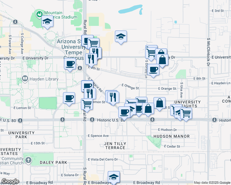 map of restaurants, bars, coffee shops, grocery stores, and more near 1028 East Orange Street in Tempe