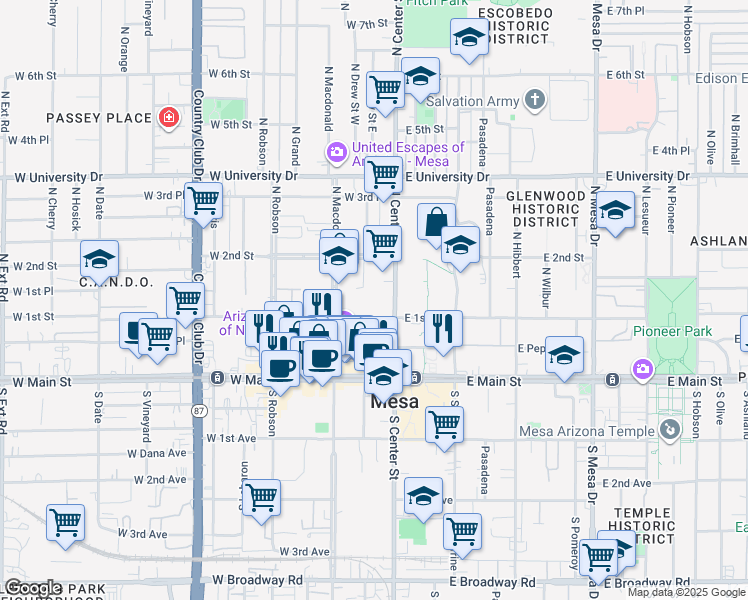 map of restaurants, bars, coffee shops, grocery stores, and more near 18 West 1st Street in Mesa