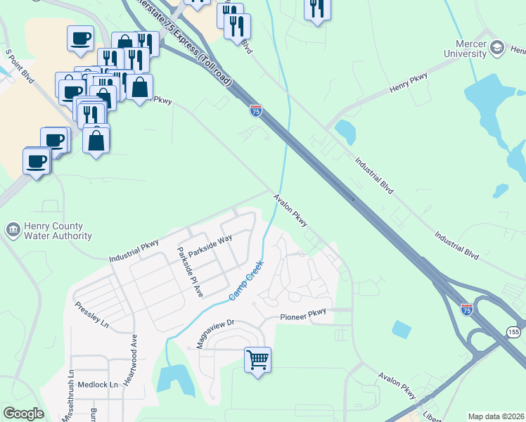 map of restaurants, bars, coffee shops, grocery stores, and more near 133 Parkview Place Drive in McDonough