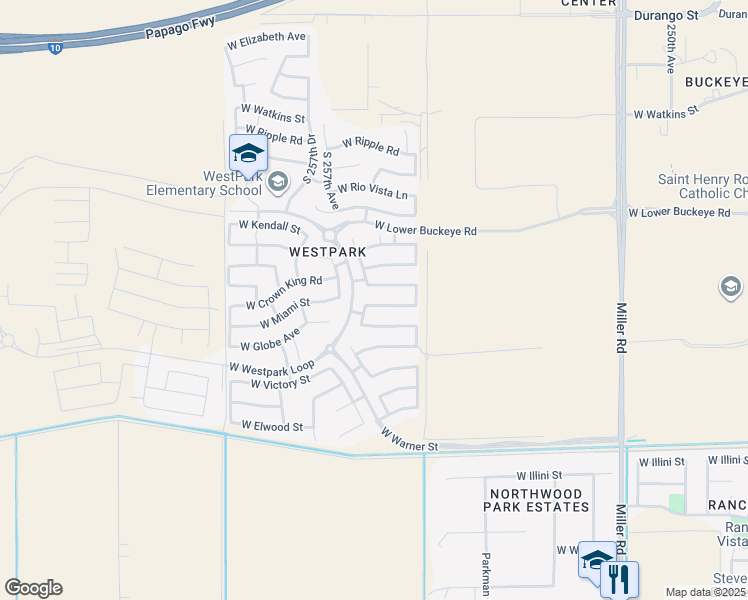 map of restaurants, bars, coffee shops, grocery stores, and more near 3070 South 256th Drive in Buckeye