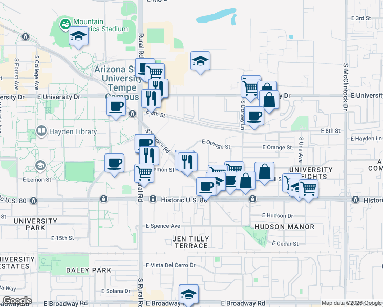 map of restaurants, bars, coffee shops, grocery stores, and more near 1028 East Orange Street in Tempe