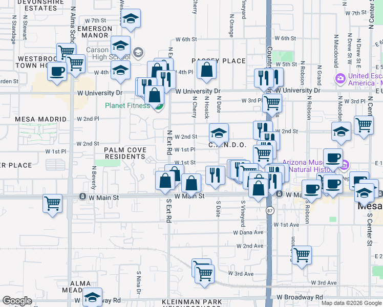 map of restaurants, bars, coffee shops, grocery stores, and more near 658 West 1st Place in Mesa