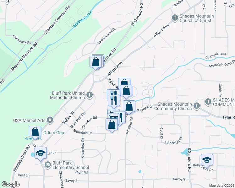 map of restaurants, bars, coffee shops, grocery stores, and more near 2134 Tyler Road in Birmingham