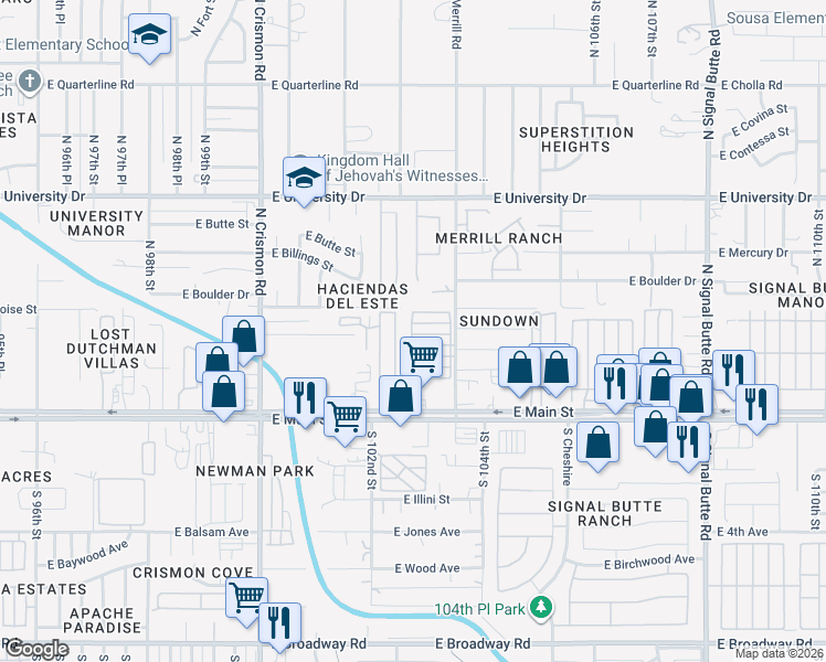 map of restaurants, bars, coffee shops, grocery stores, and more near 146 North Merrill Road in Apache Junction