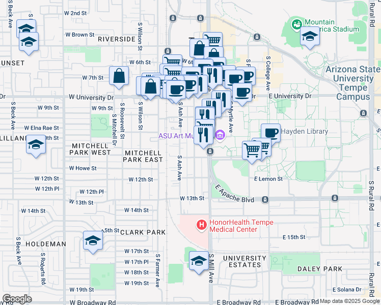 map of restaurants, bars, coffee shops, grocery stores, and more near in Tempe