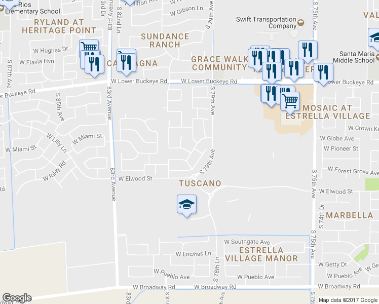map of restaurants, bars, coffee shops, grocery stores, and more near 7722 West Pioneer Street in Phoenix