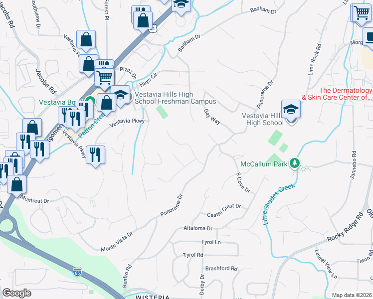 map of restaurants, bars, coffee shops, grocery stores, and more near 2224 Royal Crest Drive in Vestavia Hills