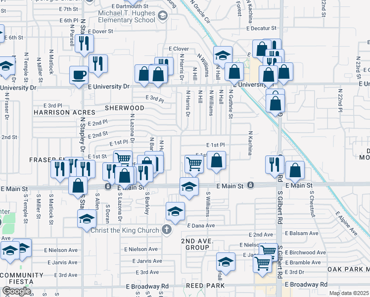 map of restaurants, bars, coffee shops, grocery stores, and more near 1611 East 1st Place in Mesa