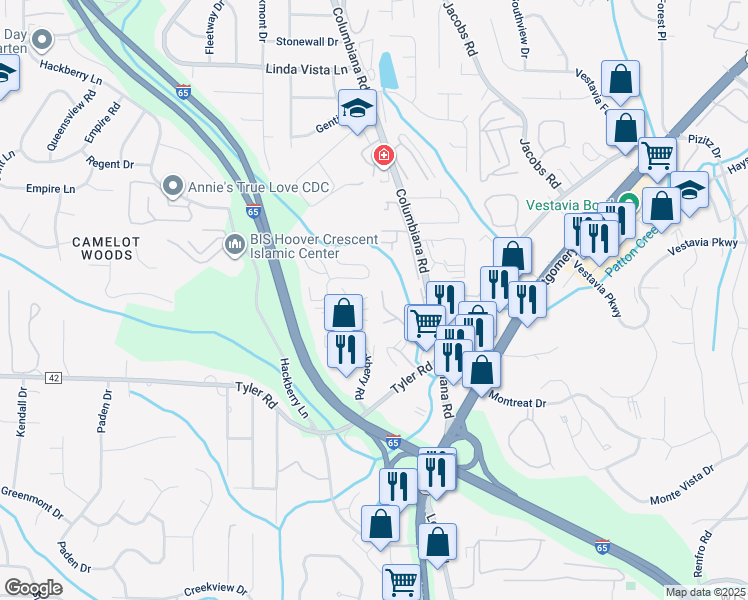 map of restaurants, bars, coffee shops, grocery stores, and more near 123 Castlehill Drive in Vestavia Hills