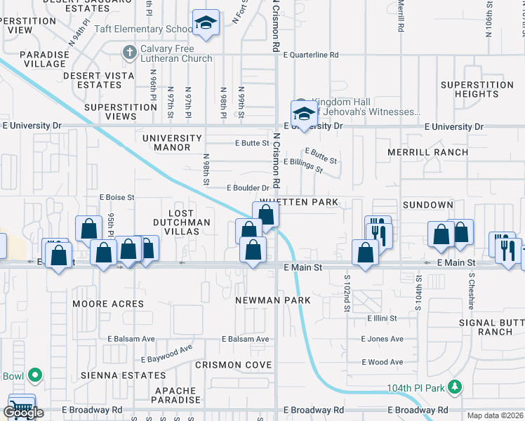 map of restaurants, bars, coffee shops, grocery stores, and more near 9944 East Akron Street in Mesa