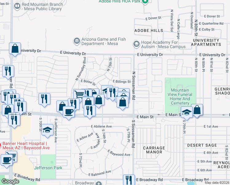 map of restaurants, bars, coffee shops, grocery stores, and more near 205 North 74th Street in Mesa