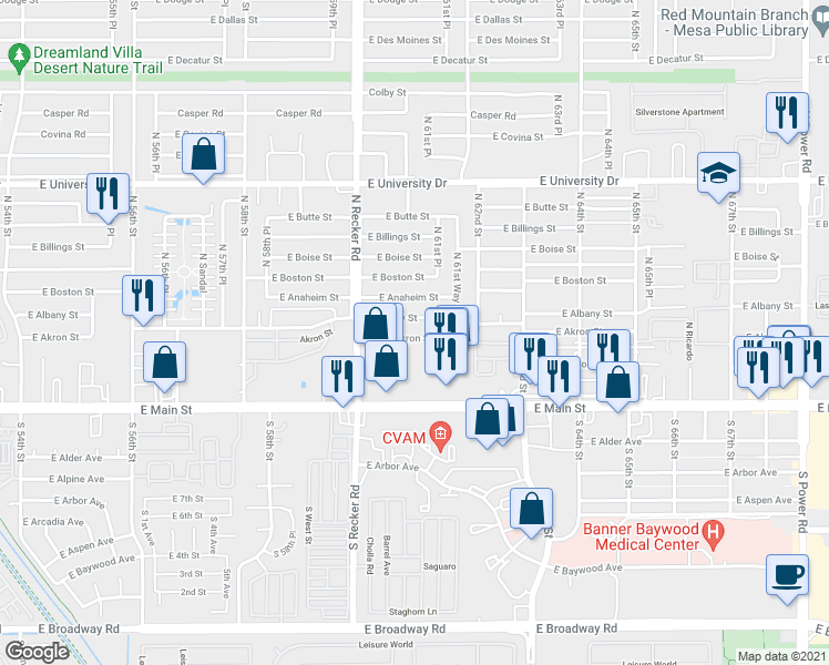 map of restaurants, bars, coffee shops, grocery stores, and more near 6115 East Albany Street in Mesa