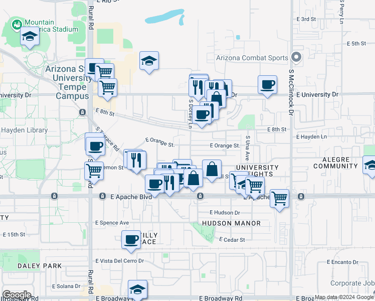 map of restaurants, bars, coffee shops, grocery stores, and more near 912 South Dorsey Lane in Tempe