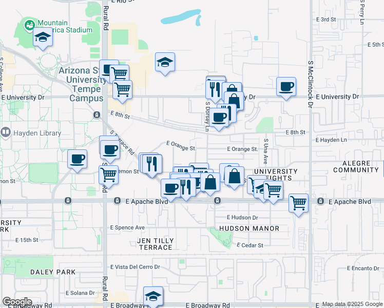 map of restaurants, bars, coffee shops, grocery stores, and more near 1150 East Orange Street in Tempe