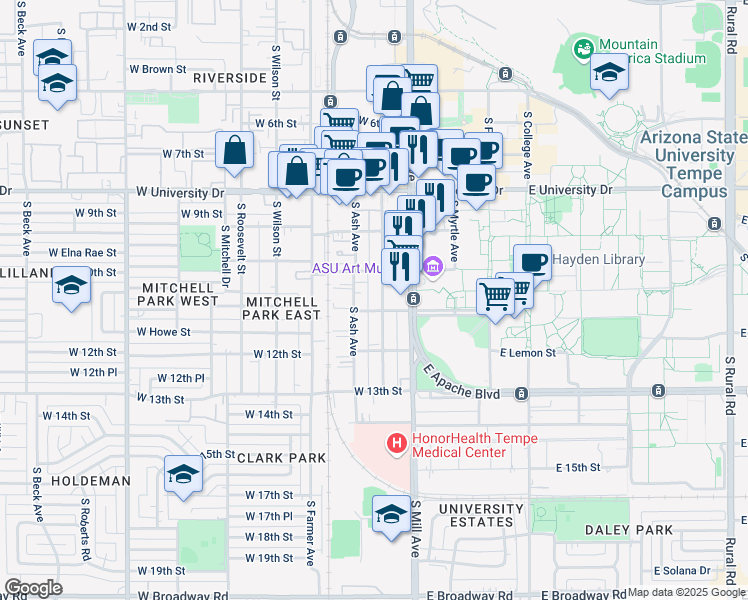 map of restaurants, bars, coffee shops, grocery stores, and more near in Tempe