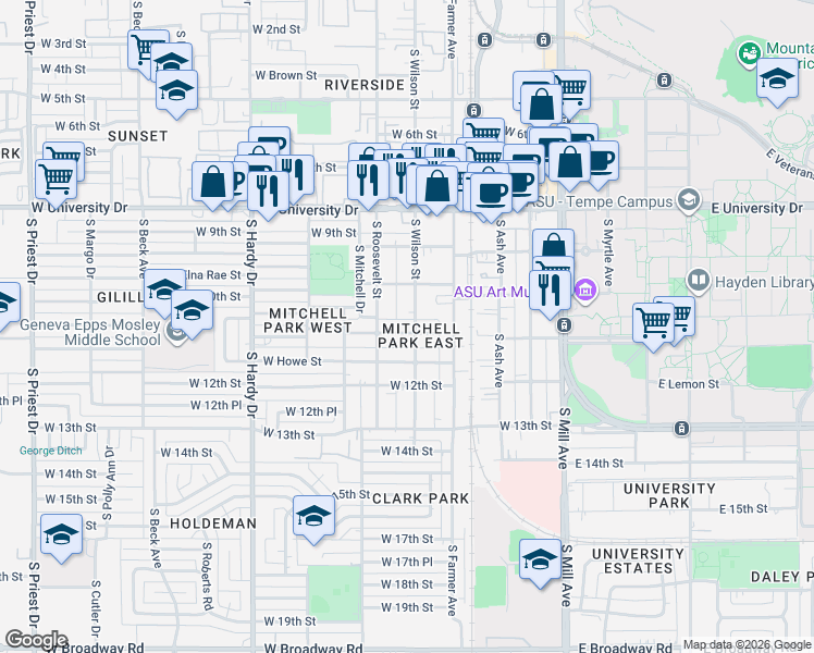 map of restaurants, bars, coffee shops, grocery stores, and more near 1031 South Roosevelt Street in Tempe