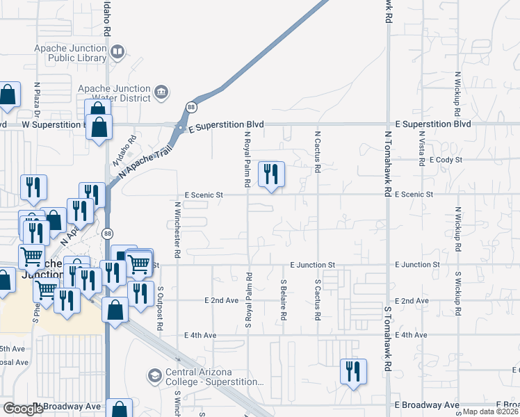 map of restaurants, bars, coffee shops, grocery stores, and more near 855 East Scenic Street in Apache Junction