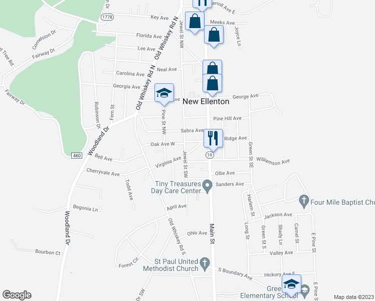 map of restaurants, bars, coffee shops, grocery stores, and more near 105 Jewel Street Southwest in New Ellenton