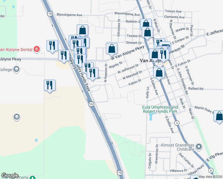 map of restaurants, bars, coffee shops, grocery stores, and more near 500 West Marshall Street in Van Alstyne