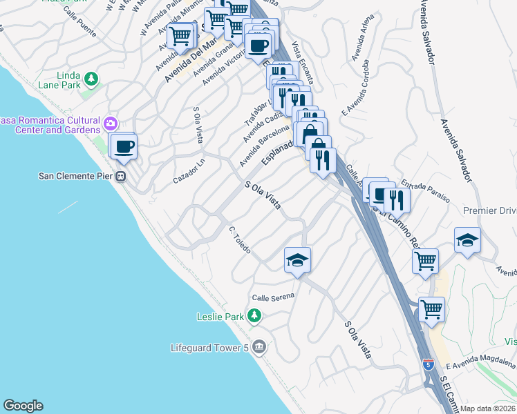 map of restaurants, bars, coffee shops, grocery stores, and more near 209 West Paseo De Cristobal in San Clemente
