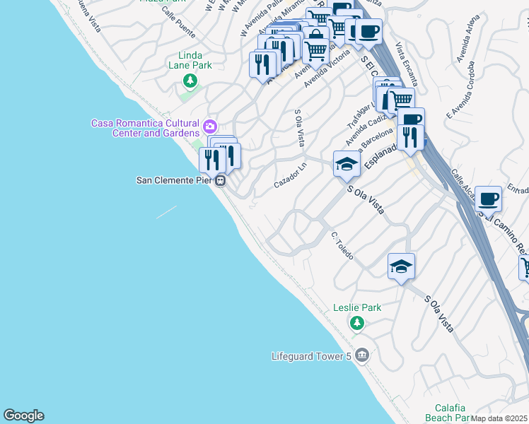 map of restaurants, bars, coffee shops, grocery stores, and more near 217 Vista Marina in San Clemente