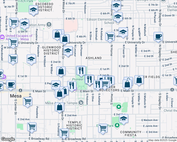 map of restaurants, bars, coffee shops, grocery stores, and more near 410 Park Village in Mesa