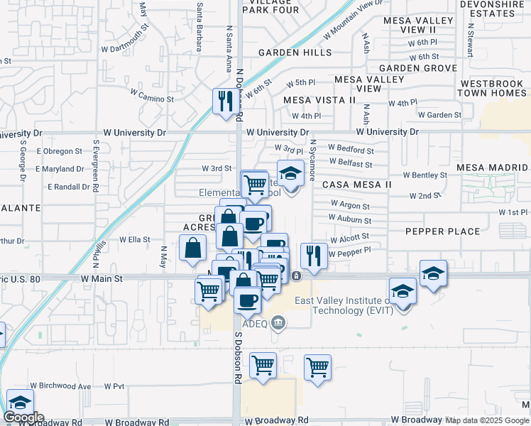 map of restaurants, bars, coffee shops, grocery stores, and more near 139 North Dobson Road in Mesa