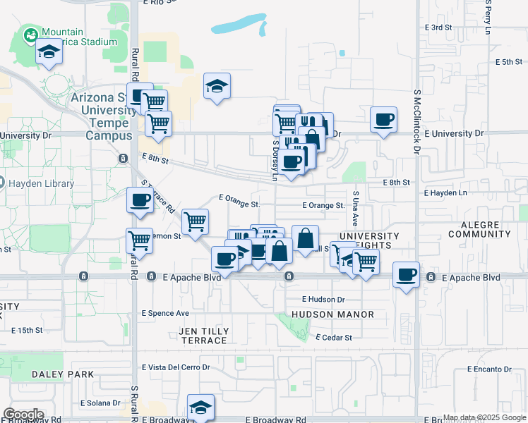 map of restaurants, bars, coffee shops, grocery stores, and more near 912 South Dorsey Lane in Tempe